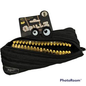 Zipit Grillz pouch pencil case makeup stuff bag zippered black gold NEW